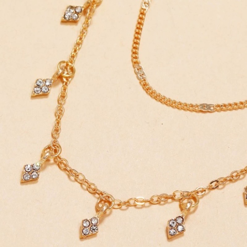 Double Layered Gold Drop Triangle Diamond Necklace - Picture 4 of 7